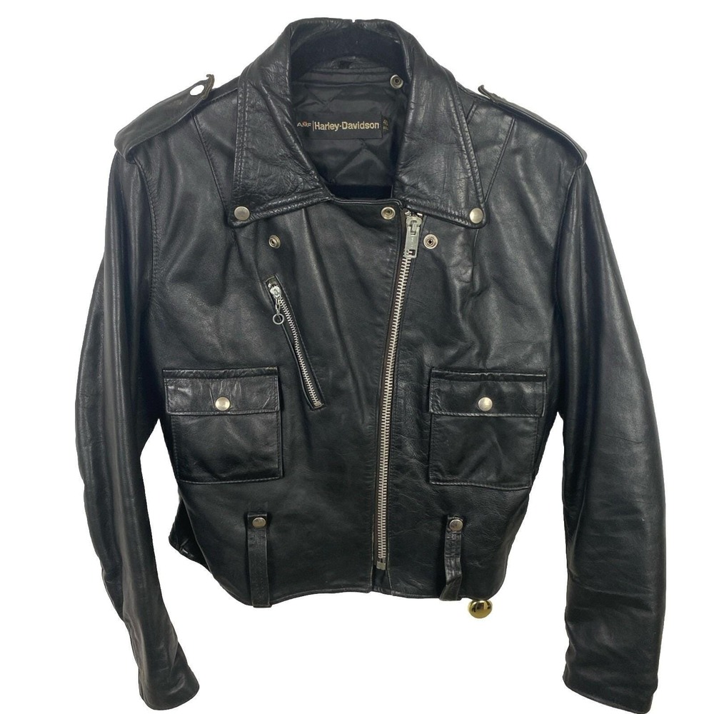 AMF Harley Davidson Jacket Women 40 Reg Leather Black Offset Zip Pockets 70s VTG